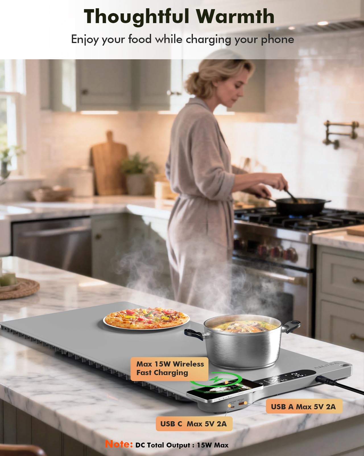 New Food Warming Mat with Wireless Charger, 34”x15” Extra Large Roll Up Food Warmer Fast Heating Mat for Food with 7 Level Temperature & 8 Hours Timer, Electric Warming Trays for Buffets Party (Grey)