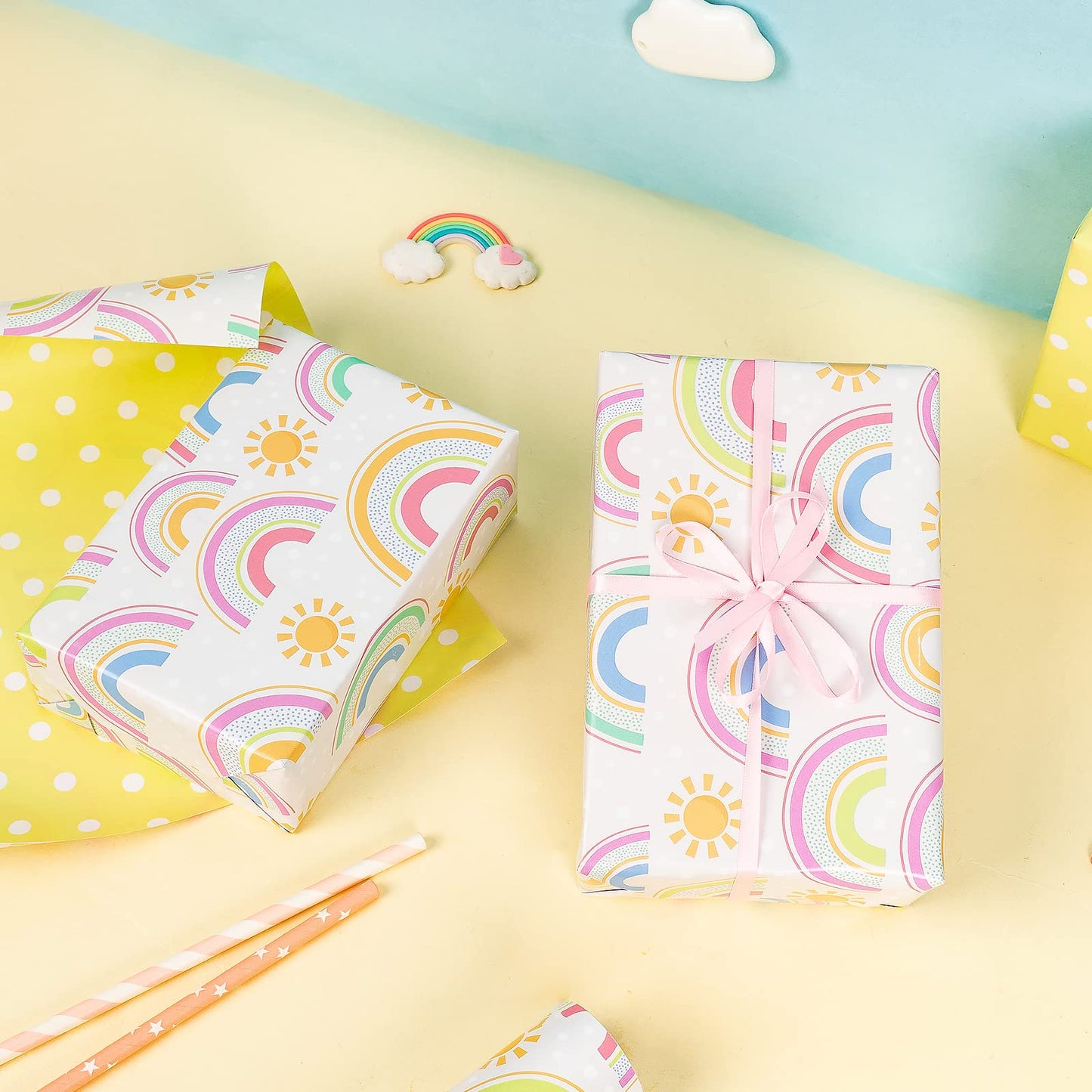 WRAPAHOLIC Jumbo Reversible Baby Shower Wrapping Paper - 30 Inch x 33 Feet - Rainbows and Polka Dot Design for Neutral Baby Shower, Boys Girls Kids Birthday