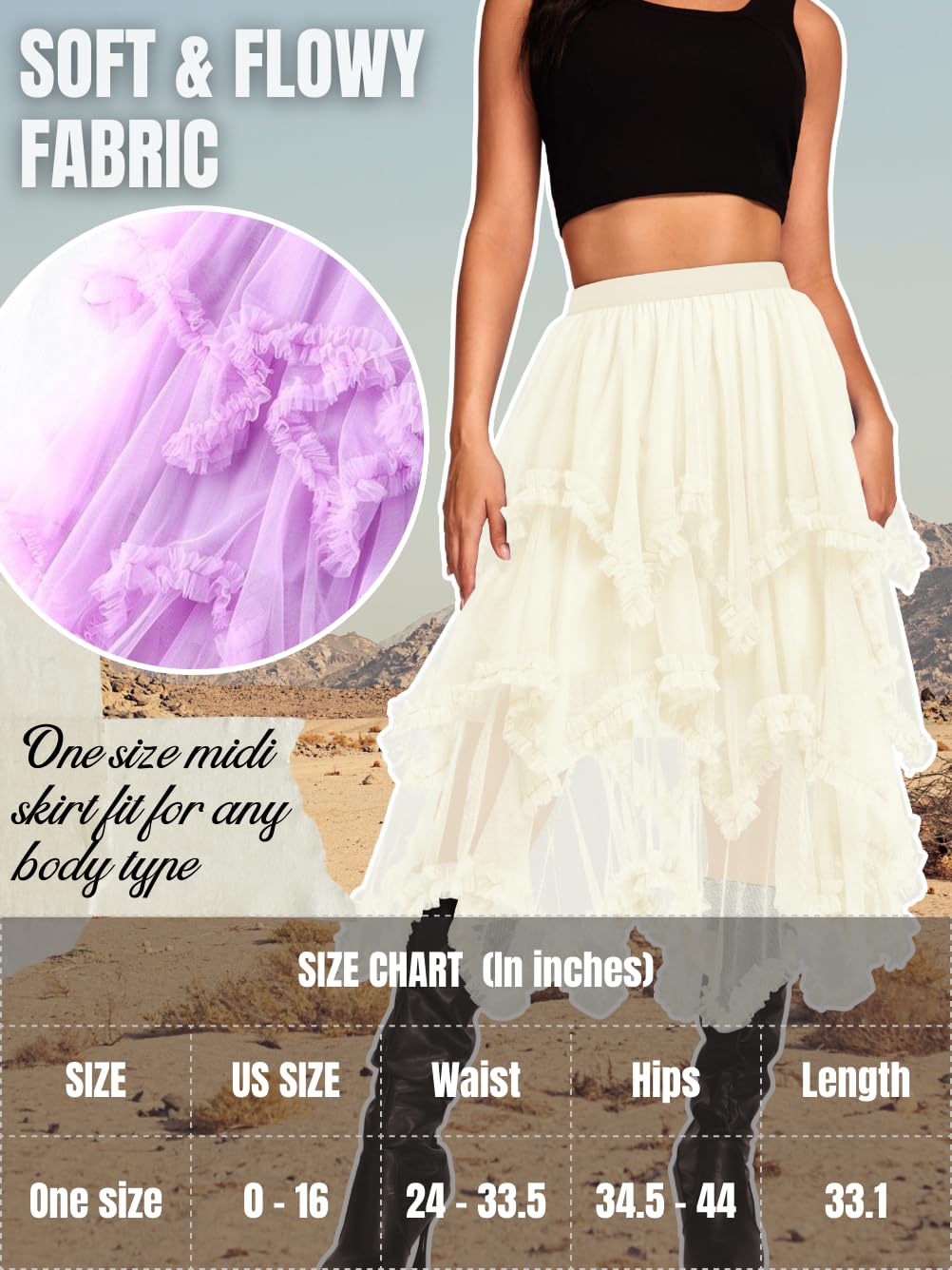 Kaei&Shi Long Tulle Skirt,High Waisted Asymmetrical Ruffle Skirts for Women,Renaissance Fairy Costume Concert Birthday Party Beige One Size