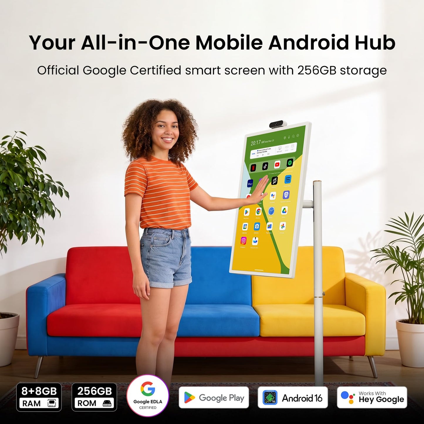 ApoloSign 32'' UHD 4K Smart Portable TV 2nd Gen, 16(8+8) GB RAM+256GB, Android 16, EDLA-Certified, Portable Touch Screen Monitor, Built-in 15000mAh Battery, Full Swivel Rotation, Voice Remote Control