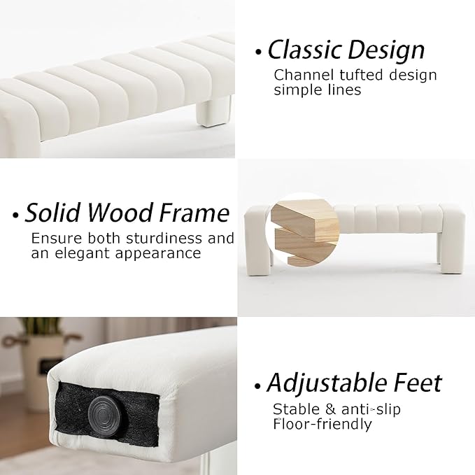 AIITTCC Velvet End of Bed Bench Upholstered Modern 59" Bedroom Bench for King Bed Bench Tufted Window Bench Comfy Long Ottoman for Living Room/Entry/Indoor (Ivory White, 59" Wide)