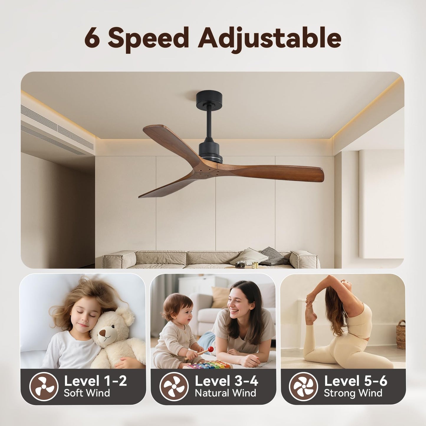 Sofucor Ceiling Fan no Lights, 52 Inch Low Profile Flush Mount Ceiling Fans with Remote, Modern Wood Ceiling Fan for Bedroom Indoor Outdoor, 6-Speed Reversible DC Motor Dimmable Timer