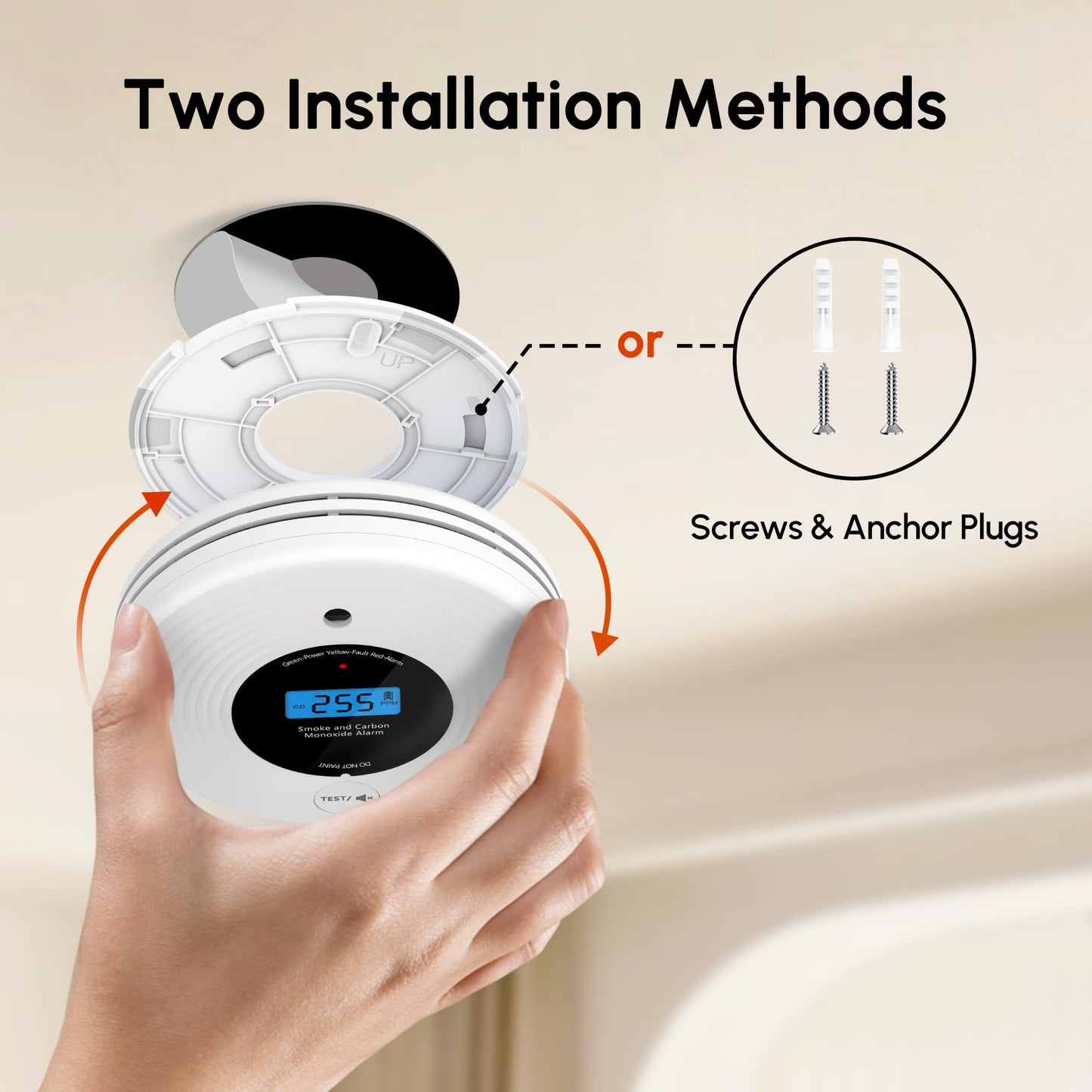 2 Pack 10 Year Battery Smoke and Carbon Monoxide Detector, Slim Smoke Alarm CO Detector with Large LCD Display, Adhesive or Screw Installation