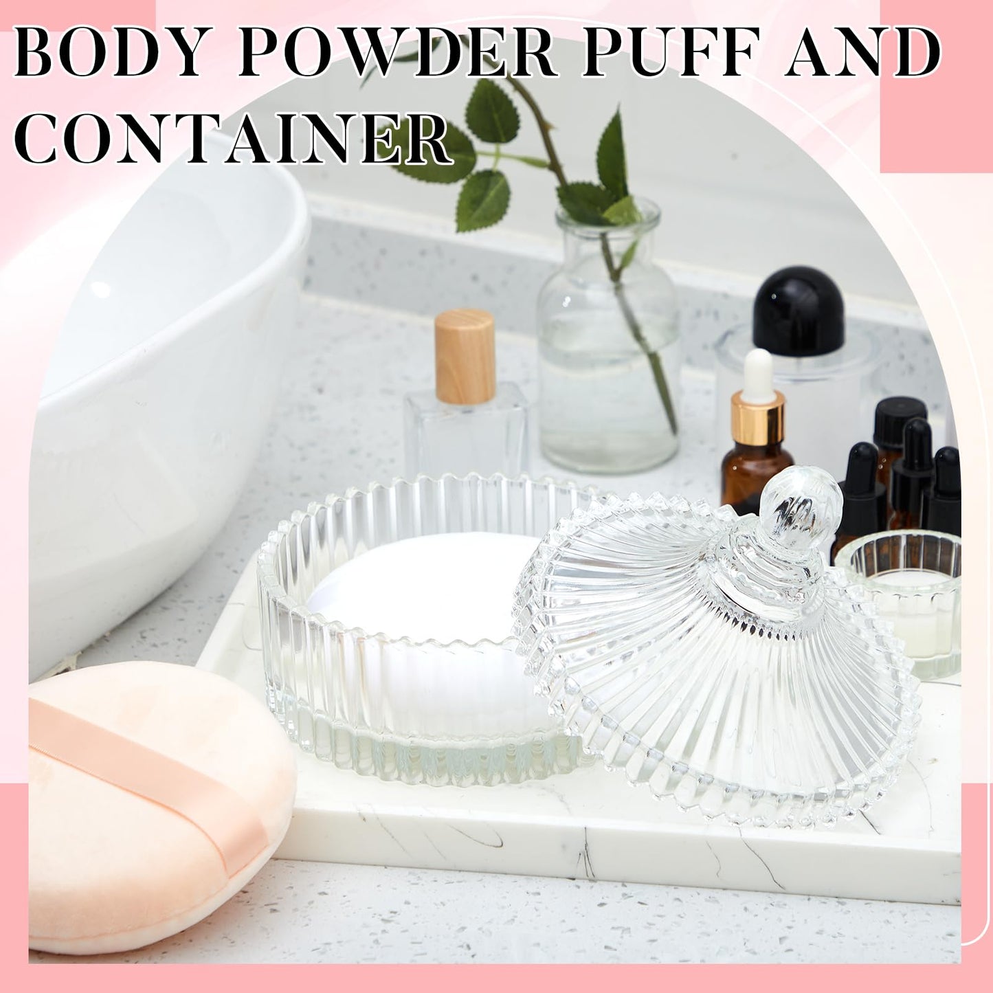 Tioncy 3 Pcs Extra Large Body Powder Puff and Container 5.43'' Glass Body Container with 5.12'' Powder Puff Glass Jar for Women'