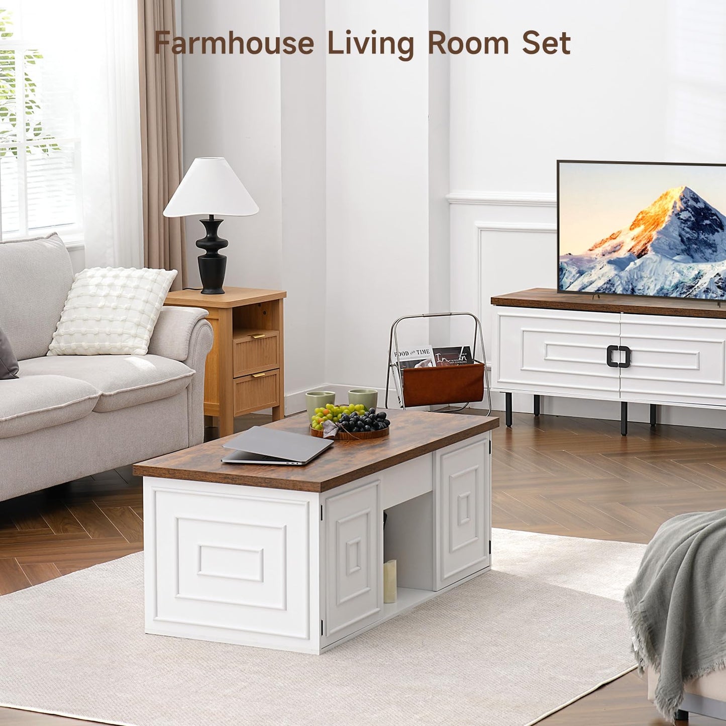 ONBRILL Lift Top Coffee Table with Storage, 48" Rustic Center Table with Hidden Storage Compartment and 2 Cabinet, White Coffee Table Converts to Dining Table for Living Room, Office
