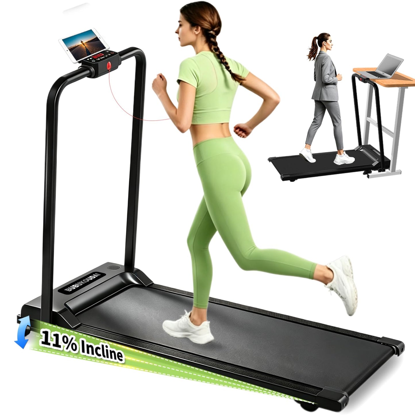 Walking Pad Treadmill for Home, with Handle Bar and Adjustable Incline, Quiet Anti-Slip Portable Foldable Under Desk Treadmill, LED Monitor & Safety Key, 40"x16" Spacious Running Belt