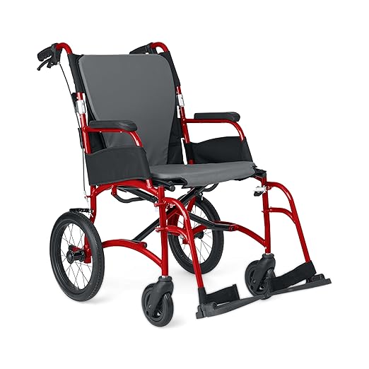 Medline Ultralight Transport Chair, Lightweight Folding Wheelchair with 12 in Rear Wheels, Padded Armrests, Swing Away Foo...