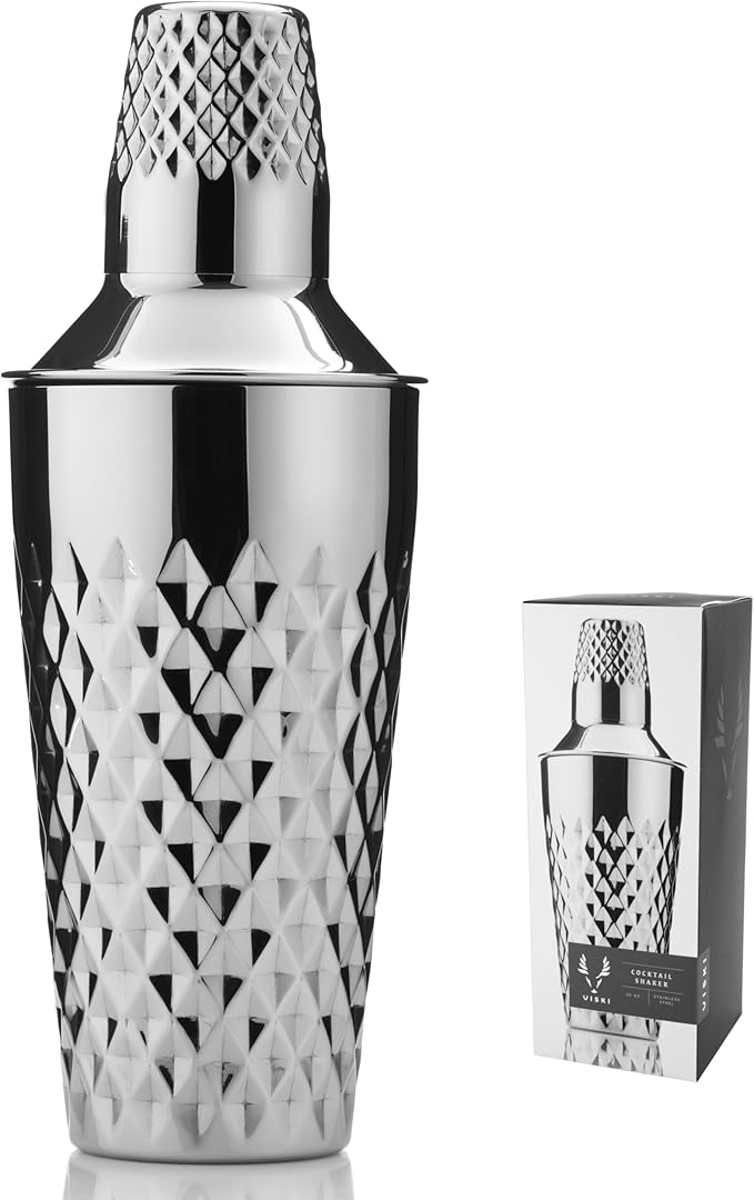 Viski Diamond Cocktail Shaker Set, 25 oz Faceted Stainless Steel Shaker With Strainer