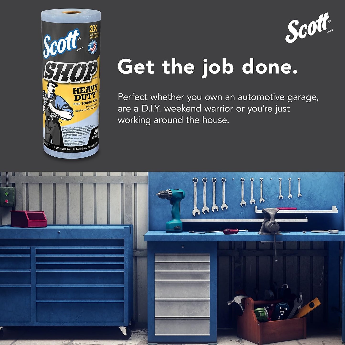 Scott Shop Original Heavy Duty Towels (32992), Blue, Cloth-like Paper Towel for Solvents, 10.4"x11" Wipe (12 Rolls of 60 Sheets, 720 Sheet Total)