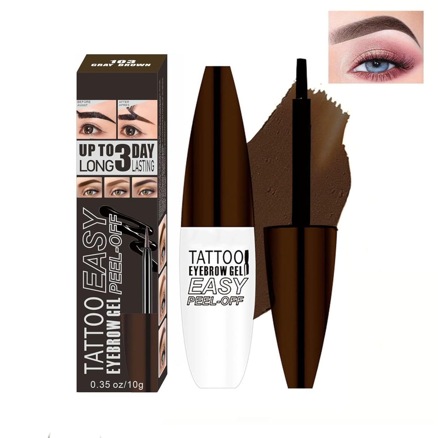 Tattoo Peel Off Eyebrow Gel Tint, Long Lasting Brow Tint, Transfer Proof and Waterproof Tint Peel Off Brow Gel, Last Up to 3 Days, For Fuller & Defined Brows Makeup, Gray Brown