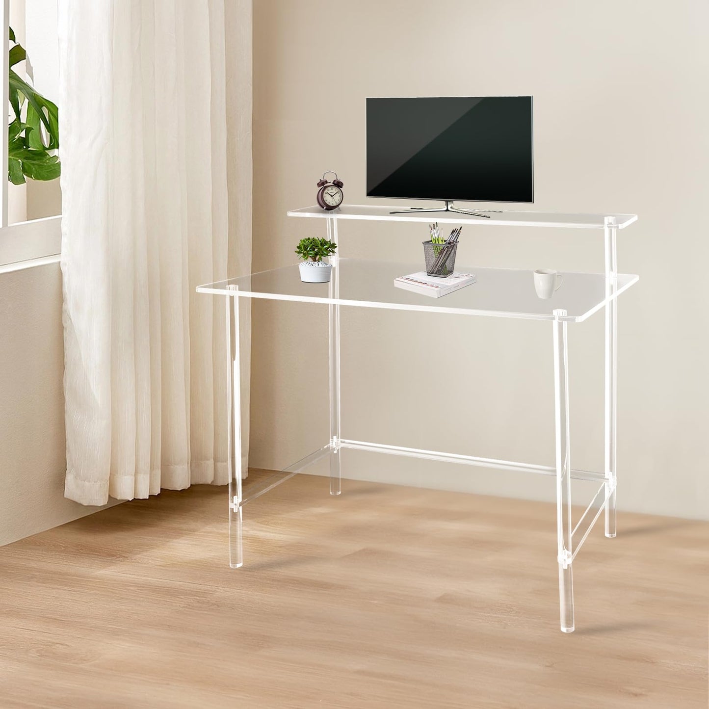 BBinmine Acrylic Desk, 2-Tier Home Office Desk with Monitor Stand, Laptop Study Table Home Office Console Table, 31.5 * 19.69 * 34.65in