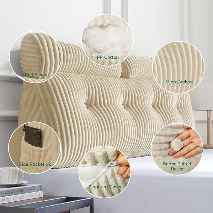 Z-hom Large Wedge Pillow Headboard, Full Triangular Headboard Pillow, Reading Pillow Bed with a Roll Pillow for Bed Sitting Up Sleeping, Backrest Cushion Headboard Gap Pillow for Back, Beige Cream