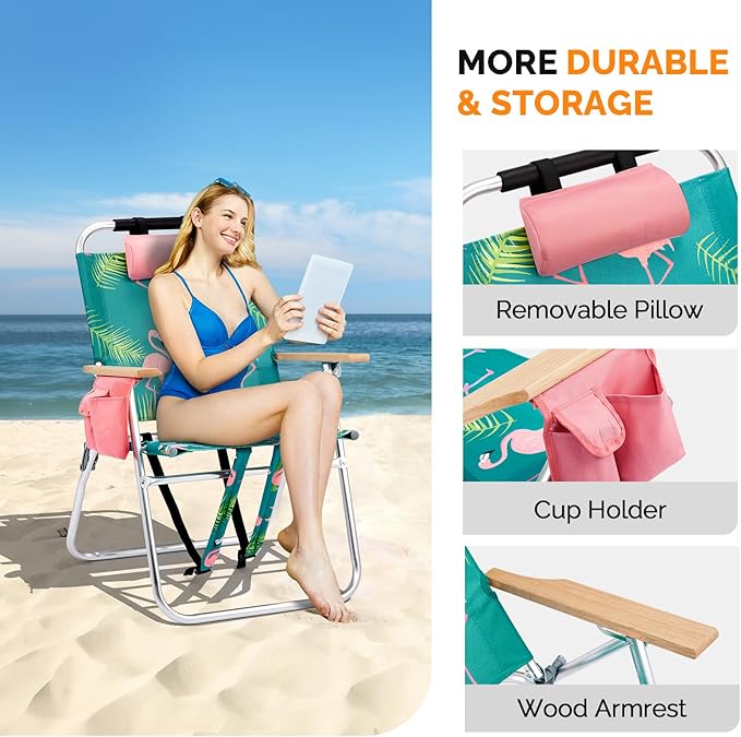 VINGLI Aluminum 17" Backpack Beach Chair – Tall Beach Chairs for Adults, Portable with Adjustable Straps, 3-Position Reclining, Cup Holder, High Lightweight Beach Chairs for Beach