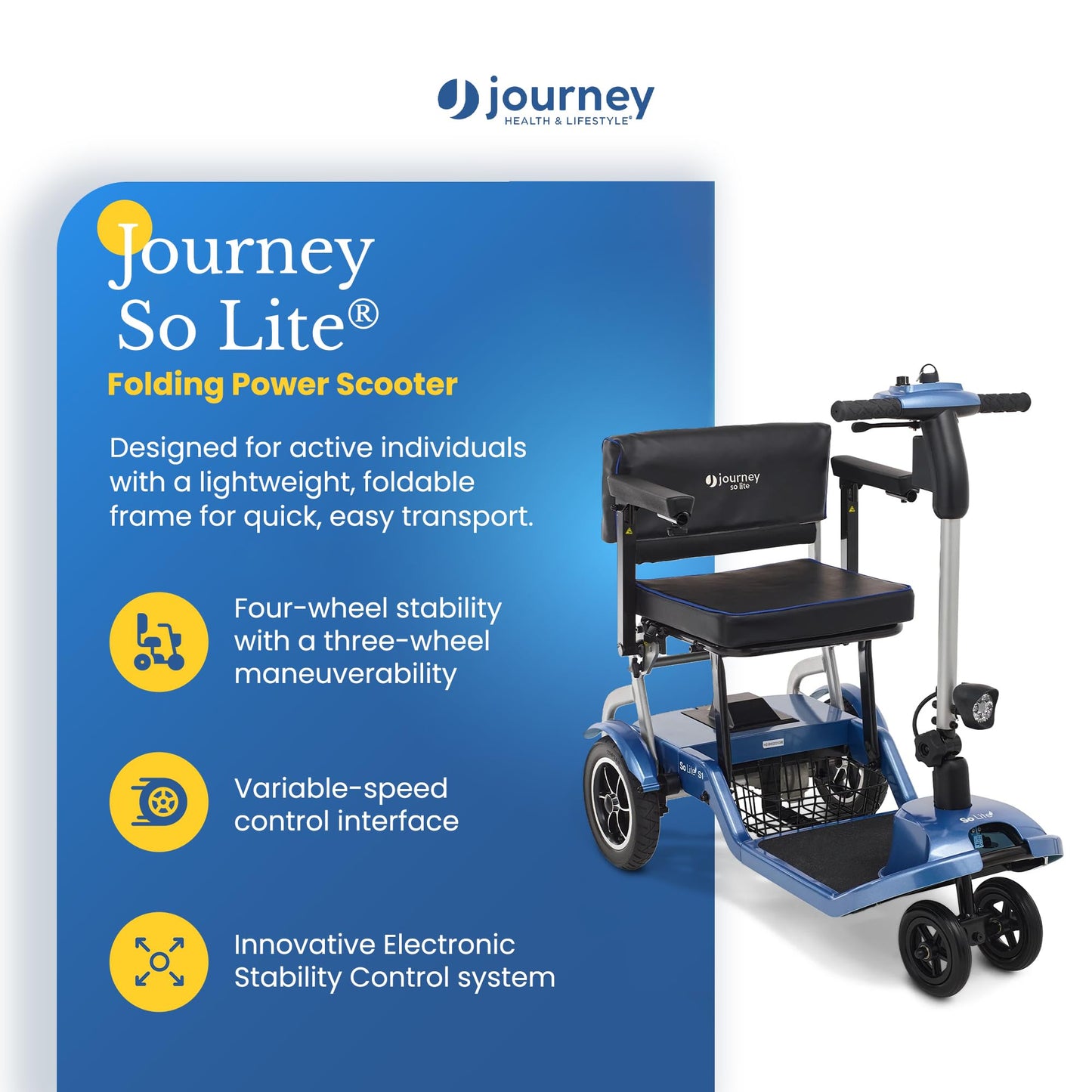 Journey So Lite Folding Power Scooter, 5 mph Max Adjustable Speed, 8-Mile Range, 24V Lithium Battery, Lightweight & Portable for Mobility, Blue