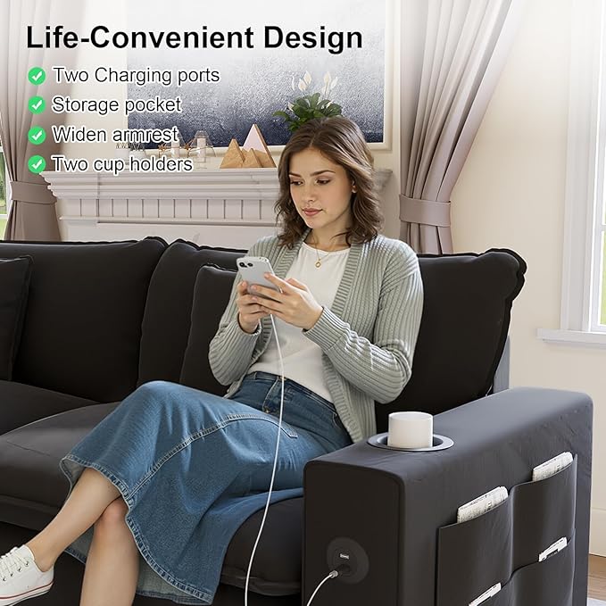 KCGKCG 152" Modular Sectional Sofa, U Shaped Cloud Couch with Movable Ottoman, Chenille Deep Seat Cloud Sofa with Charging Station, Cup Holder, Side Pocket, Sectional Couches for Living Room, Black
