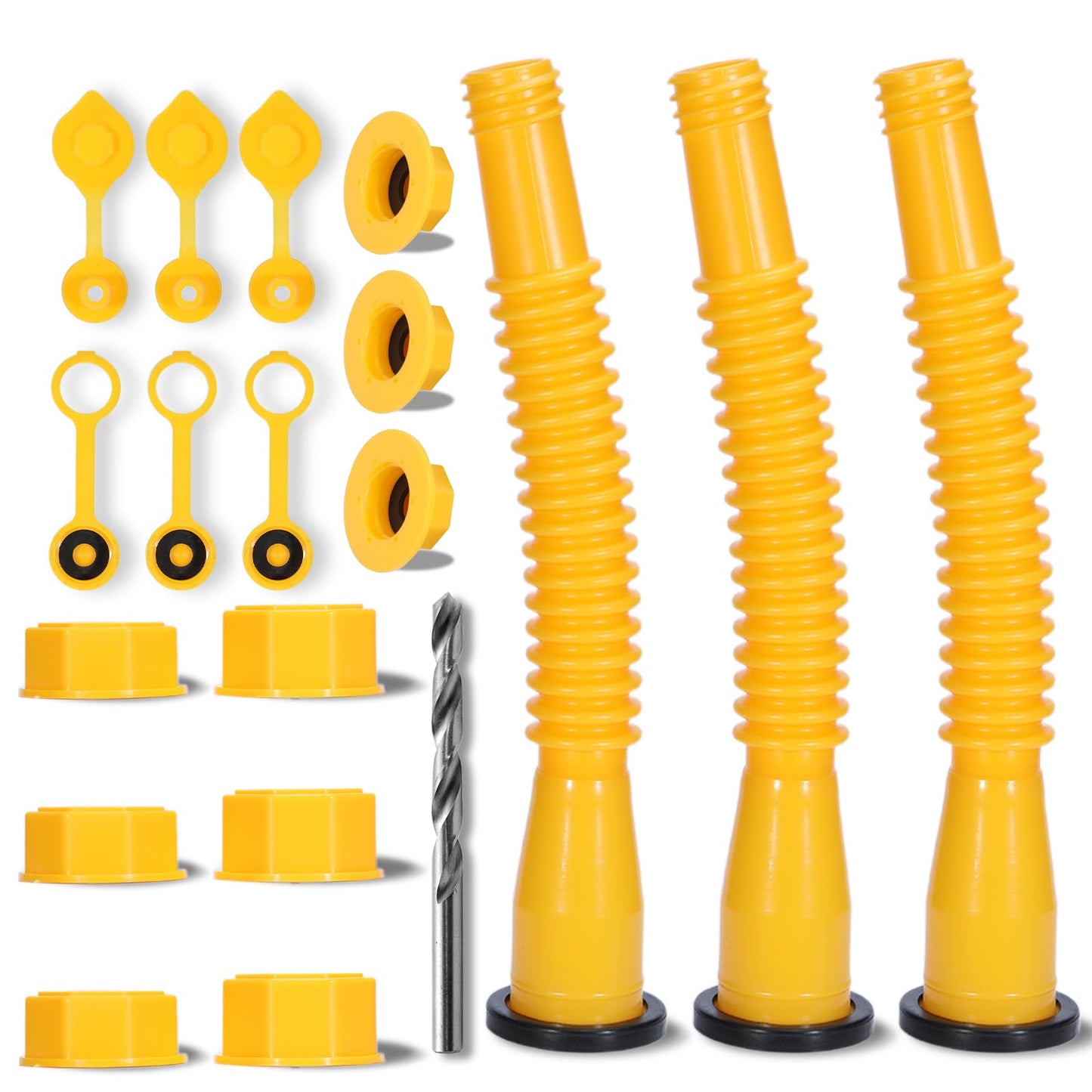 Upgraded Gas Can Spout Replacement, 3-Pack Gas Can Nozzle Leak-Proof Design, with Flexible 8.1-inch Long Spouts Easy Pour, Fuel Can Vent Caps, Drill Bit, Fit for Most 1/2/5/10 Gal Plastic Gas Cans