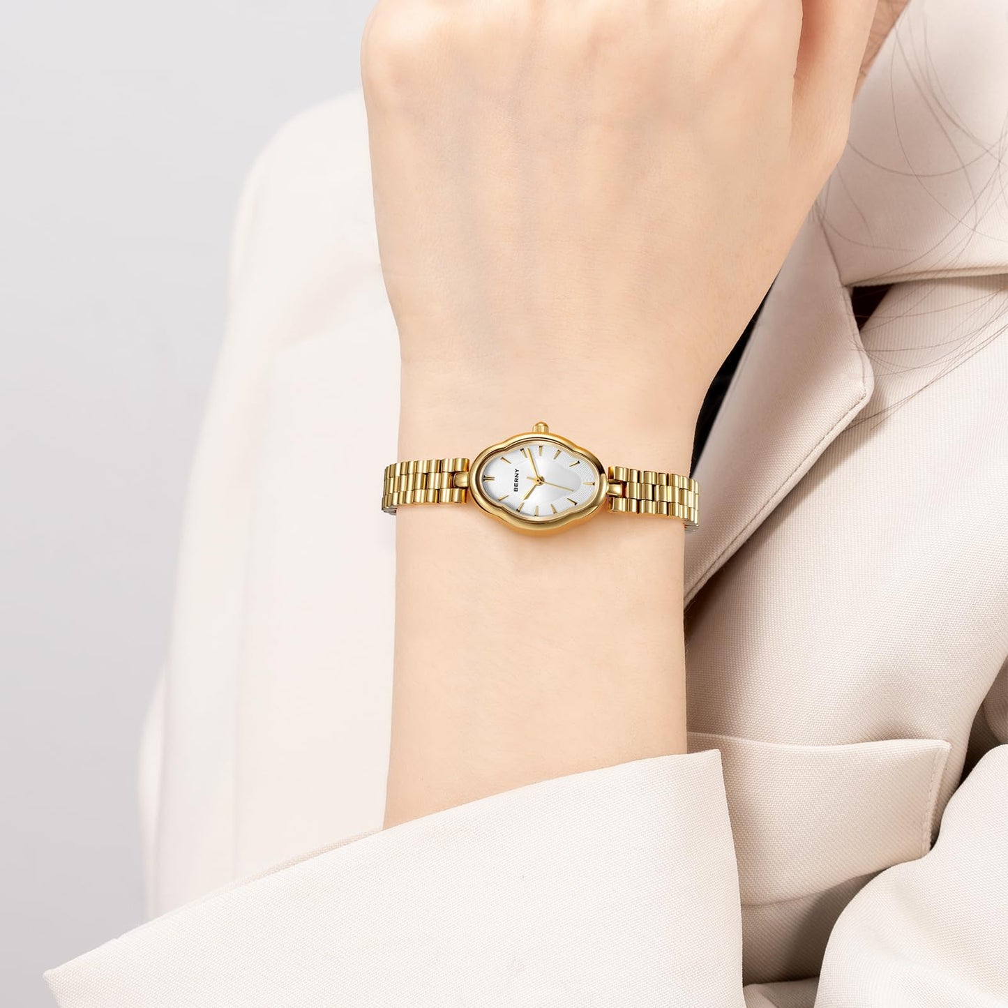 BERNY Gold Watches for Women Dainty Ladies Quartz Watch Vintage Copper Mirrors Shape Japanese Quartz Movement 3ATM Waterproof Fashion Female Wrist Watch Luxury Birthday Gifts-White Dial
