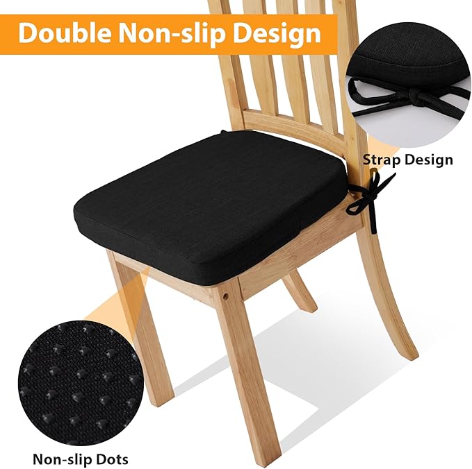 Ruqmuis Chair Cushions for Dining Chairs, 2" Thick Seat Cushions for Kitchen Chairs, D-Shaped Chair Pads with Washable Cover, Ties and Non Slip Backing, 17'' x 16'', Set of 4, Black