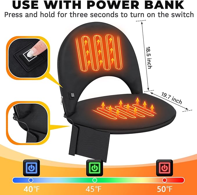 Teenyyou Heated Stadium Seat Cushion for Bleachers with Back Support Extra Portable Foldable Heating Stadium Seats Chair Pad with USB 3 Level Heating Pocket for Outdoor Sport