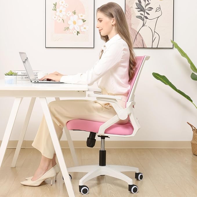 Msdizuo Ergonomic Office Chair Desk Chair with Adjustable Height Mesh Computer Chair Swivel Chair with Flip-up Arms and Lumbar Support Pink