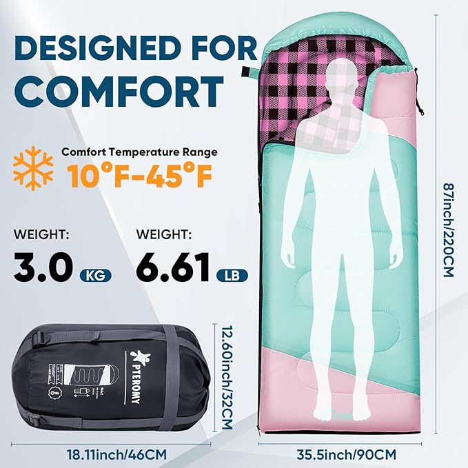 PTEROMY Sleeping Bags for Adults, Lightweight and Machine Washable, Water Resistant Backpacking Camping Sleeping Bag for Warm Cold Weather, Camping Essentials for Hiking Travel