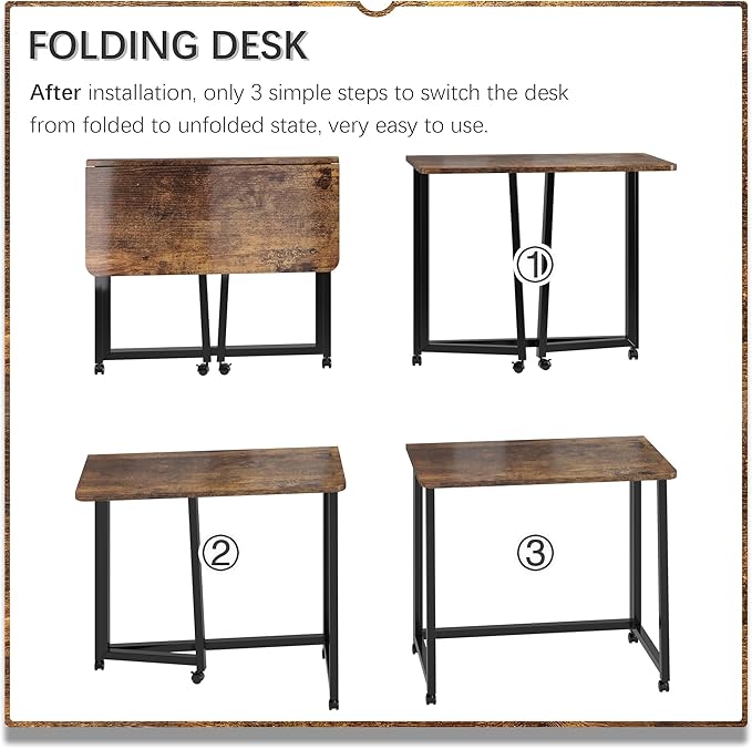 4NM 31.5" Mobile Small Folding Desk, Foldable Rolling Computer Home Office Desk, Study Writing Table for Small Space Saving Bedroom, with Wheels - Rustic Brown and Black