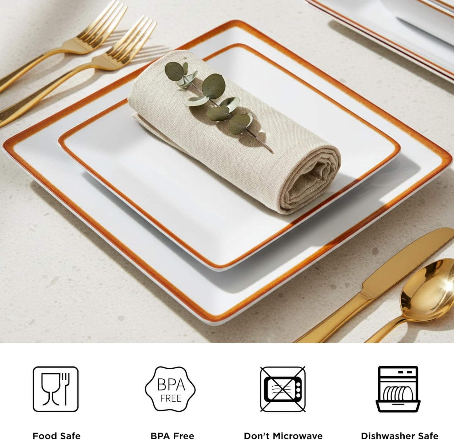 TP 12-Piece Dinnerware Set, Melamine Dishes Set with Bowls and Plates, Non-breakable and Lightweight Square Dinner Set for 4, White with Rim