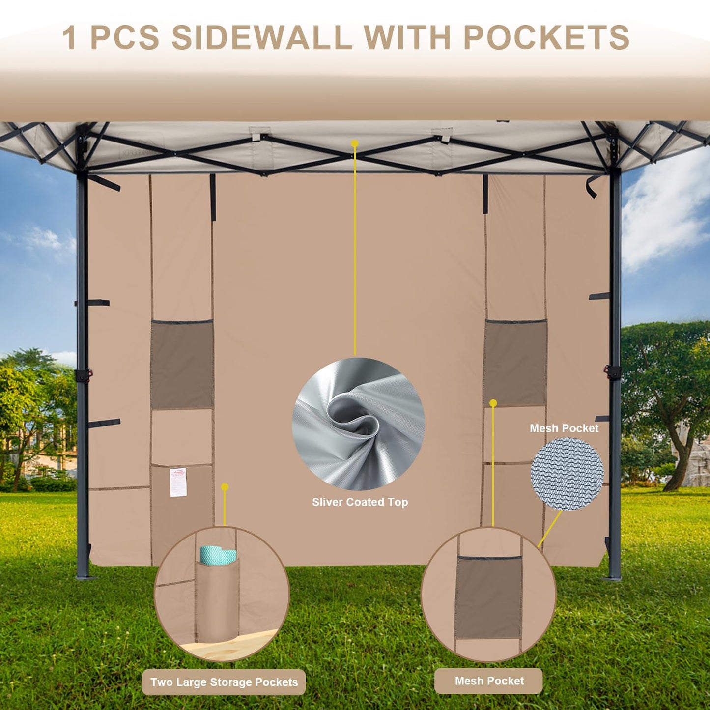 KAMPKEEPER 10x10 Pop Up Canopy Tent with Sidewall - Easy Setup Sun Shelter, Outdoor Shade with Vented Roof for Backyard | UV & Rain Portable Instant Camping Beach Canopy Tents (Khaki)