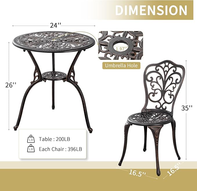Withniture 3 Piece Outdoor Bistro Set All Weather Patio Table and Chairs Set, Cast Aluminum Patio Bistro Sets with 1.97” Umbrella Hole, Metal Patio Furniture Set for Front Porch Garden, Bronze