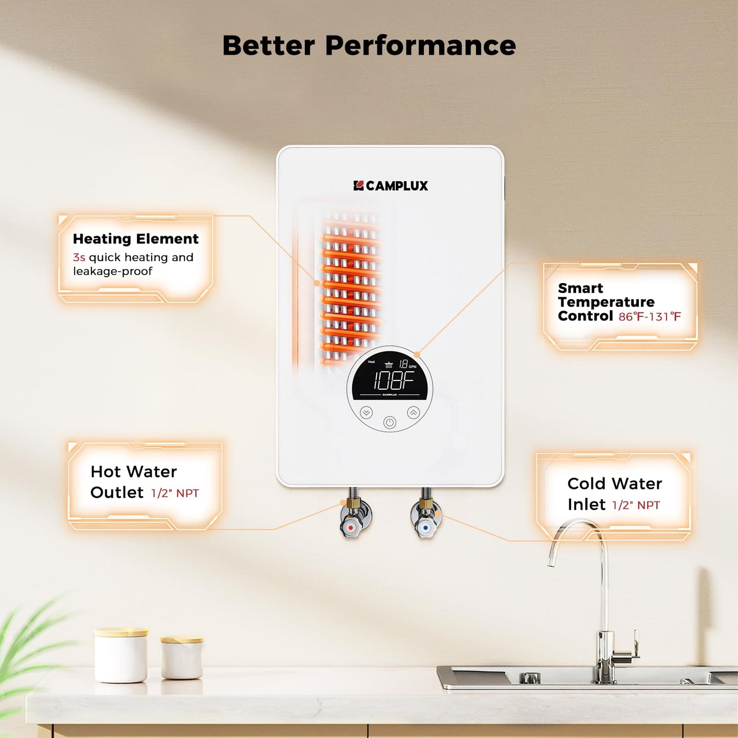 CAMPLUX Tankless Water Heater Electric 4.5kW 110~120V Small Instant Hot Water Heater, Point-of-Use, Save Space for Sink Wall Mounted LED Digital Display CSA Certified TE05