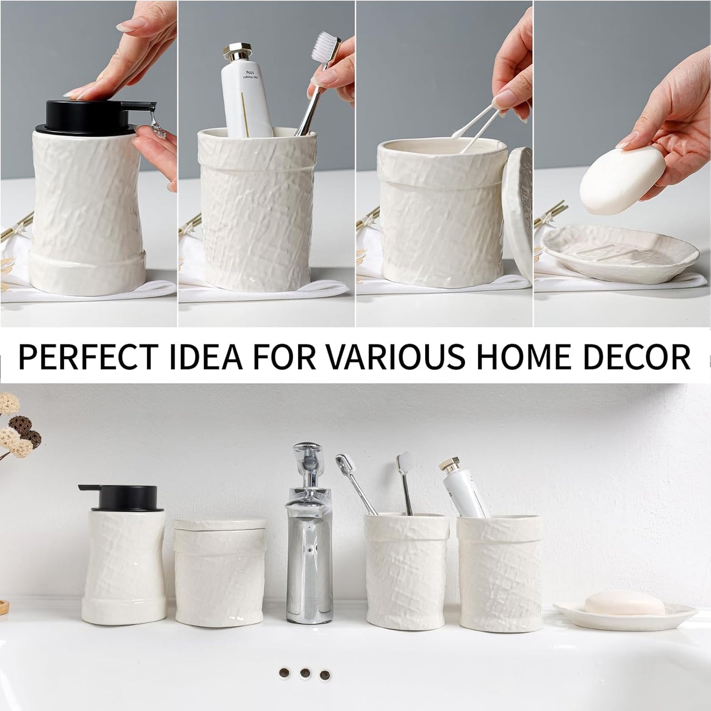 White Bathroom Accessory Set 5PCS, Ceramic Bathroom Accessories Set, Minimalist Textured Design Liquid Soap Dispenser Set Complete, Home Bathroom Decor Vanity Countertop, ANTIS'S HOME