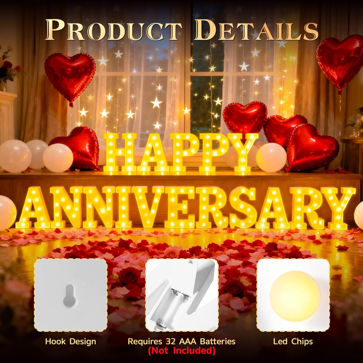 Happy Anniversary Decorations, Light up Letters Sign, with Rose Petals, Round Pearlescent Balloon, Aluminum Balloons, Light LED Neon, Table Decor for Valentine's Day Wedding Romantic Party