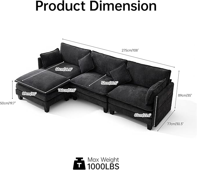 Opiesit 108" Modular Sectional Couches for Living Room with Ottoman, L Shaped Cloud Couch with Charger, USB & Type-c Port, Comfy Sofas with Deep Seat, Chenille Fabric, Black