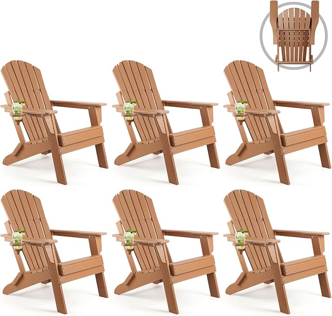 FUNBERRY Folding Adirondack Chair Set of 6, All Weather HDPE Fire Pit Chairs with Cup Holder for Outdoor