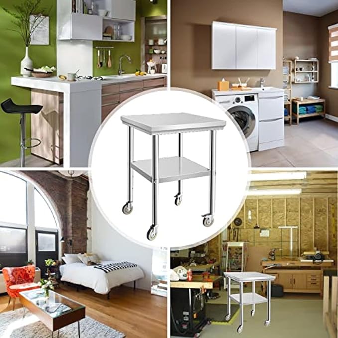 Stainless Steel Table - Metal Table Cart - Commercial Workbench with Caster Wheel - NSF Certified - for Restaurant, Warehouse, Home, Kitchen, Garage,24''x24''