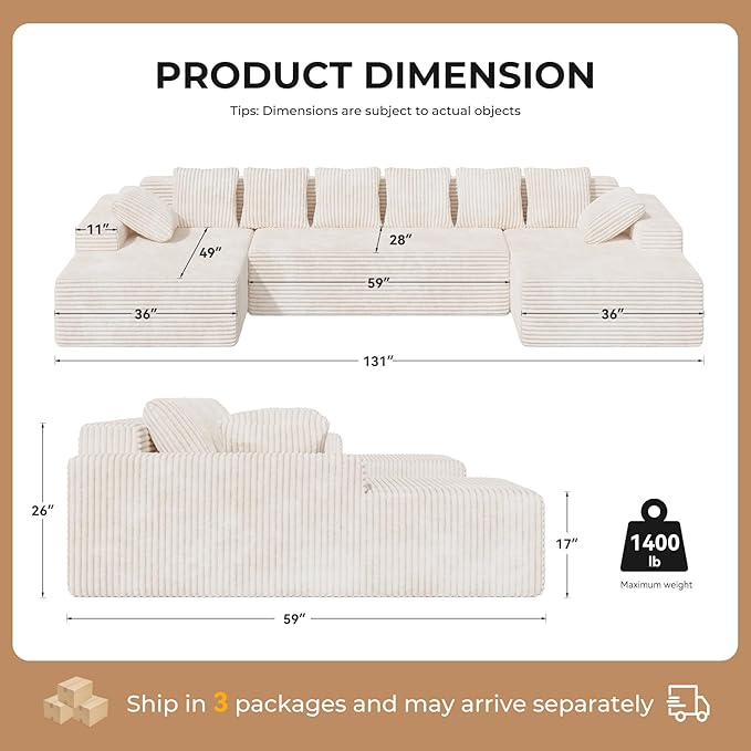 131'' U Shaped Sectional Couches with Chaise Lounge, U-Shaped Boneless Deep Seat Modular Sofa for Living Room 1PCS, Bedroom(Beige)
