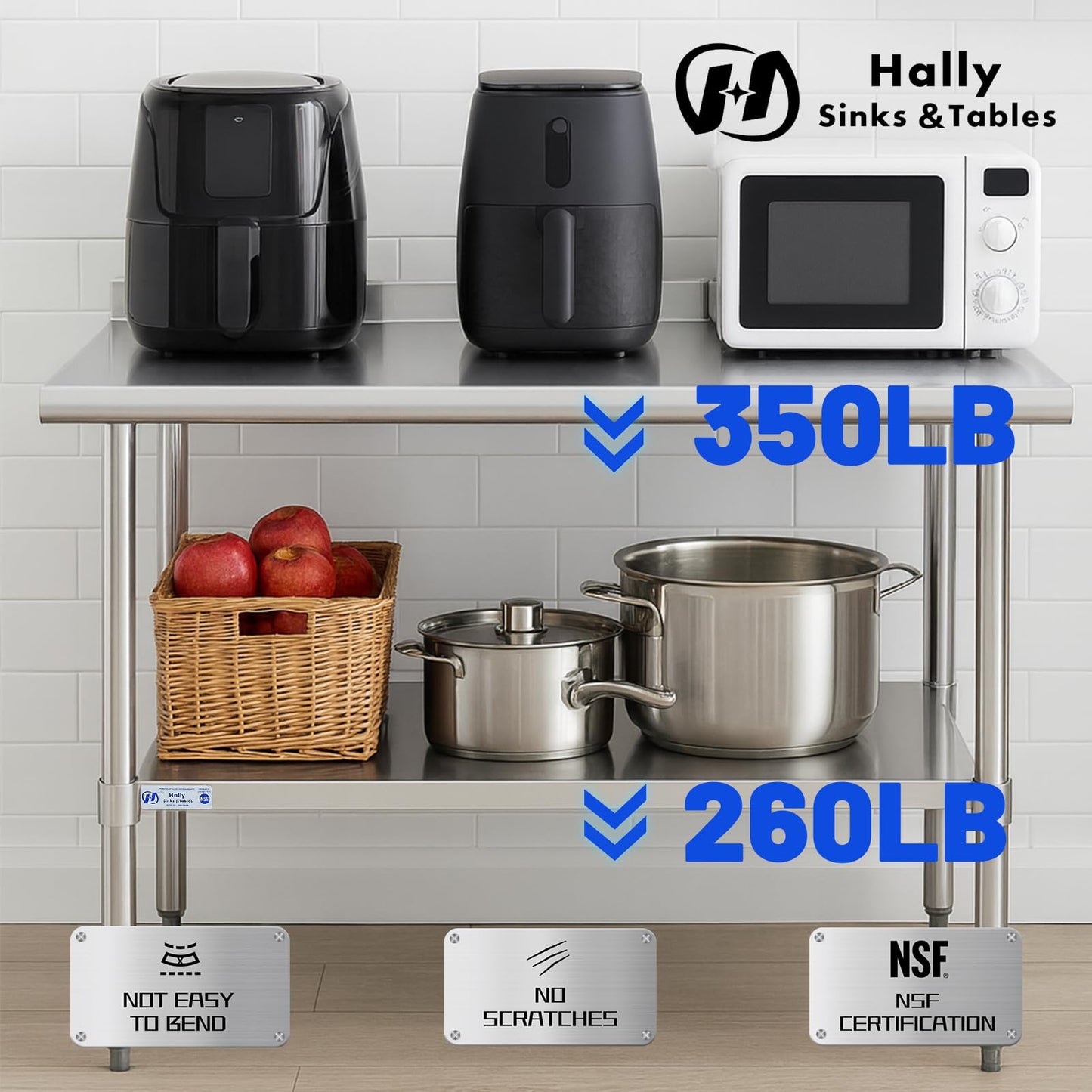 Hally Stainless Steel Table for Prep & Work 18 x 24 Inches, NSF Commercial Heavy Duty Table with Undershelf and Backsplash for Restaurant, Home and Hotel