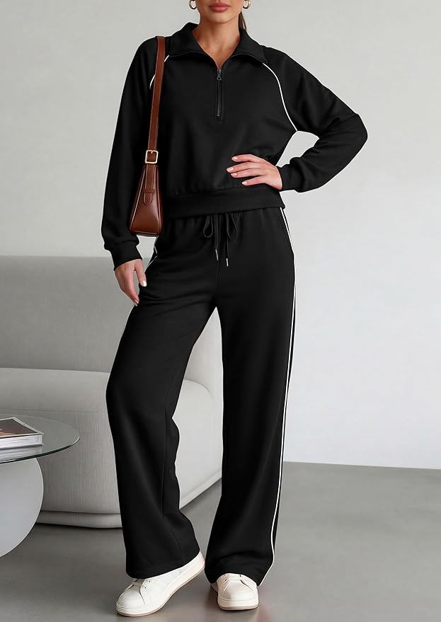 PRETTYGARDEN Women's 2 Piece Outfits Casual Lapel Half Zip Sweatshirts and Wide Leg Pants Tracksuit Sets