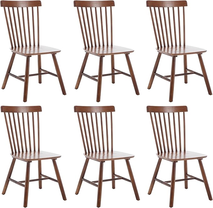 LZAREAL Windsor Dining Chairs Farmhouse Dining Chairs Set of 6 Modern Wood Kitchen Chairs Mid Century French Country Spindle Chair for Dinning Room Kitchen Restaurant Bar Canteen Library, Walnut