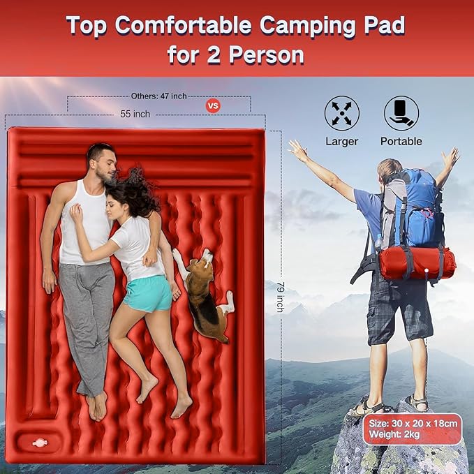 Double Sleeping Pad Camping, Self Inflating 6'' Extra-Thick 2 Person Pillow Built-in Foot Pump Waterproof Inflatable Sleeping Mat Backpacking, Tent, Hiking, Portable Camping Pad (Orange-Black)