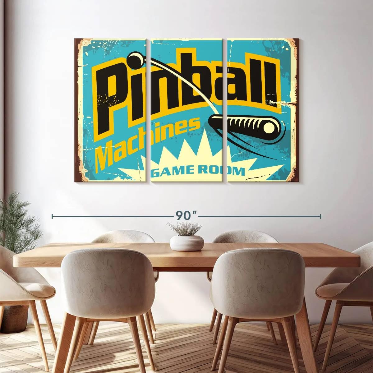 ElephantStock Pinball Machine Game Room Wall Art - Horizontal Canvas - 3-Piece Living Room Wall Decor - Retro Digital Art Canvas Print - Turquoise and Black Decor for Wall - 74" X 48"
