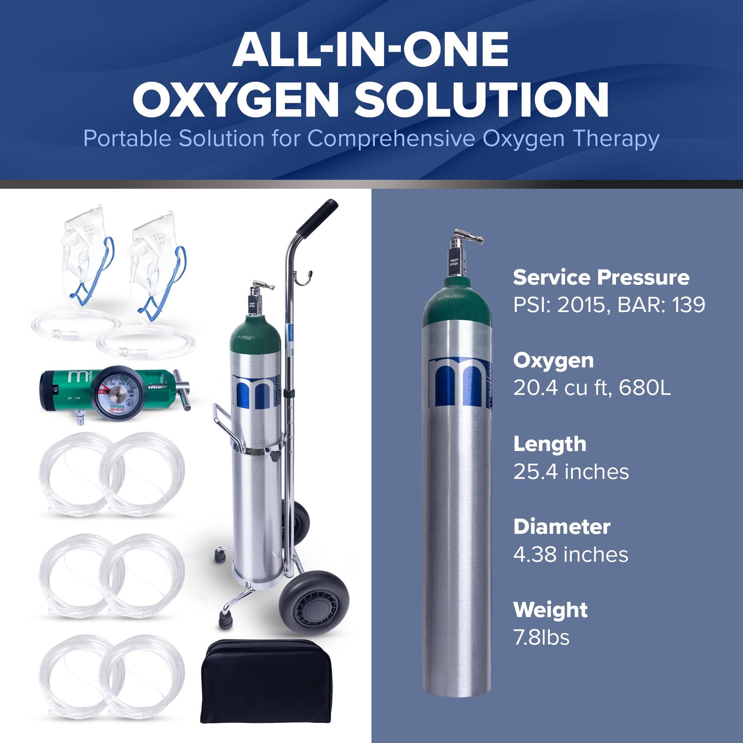 Medfex Oxygen Tank Complete Set - USA Made | 680 Liter Capacity - Standard Size Kit