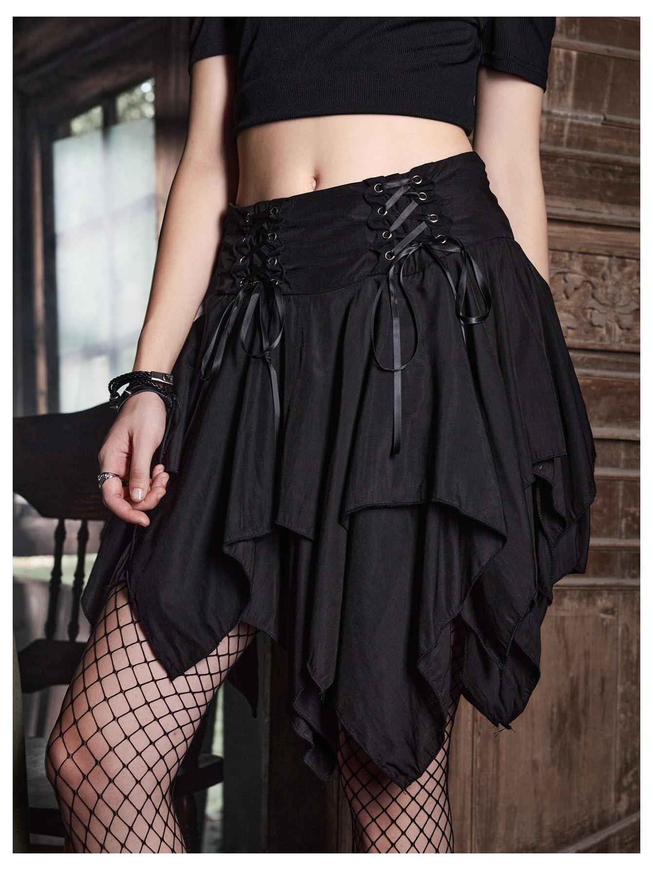 Verdusa Women's Goth Fairy Layered Skirt Renaissance Skort Lace Up Asymmetrical Mini Skirts Black Small