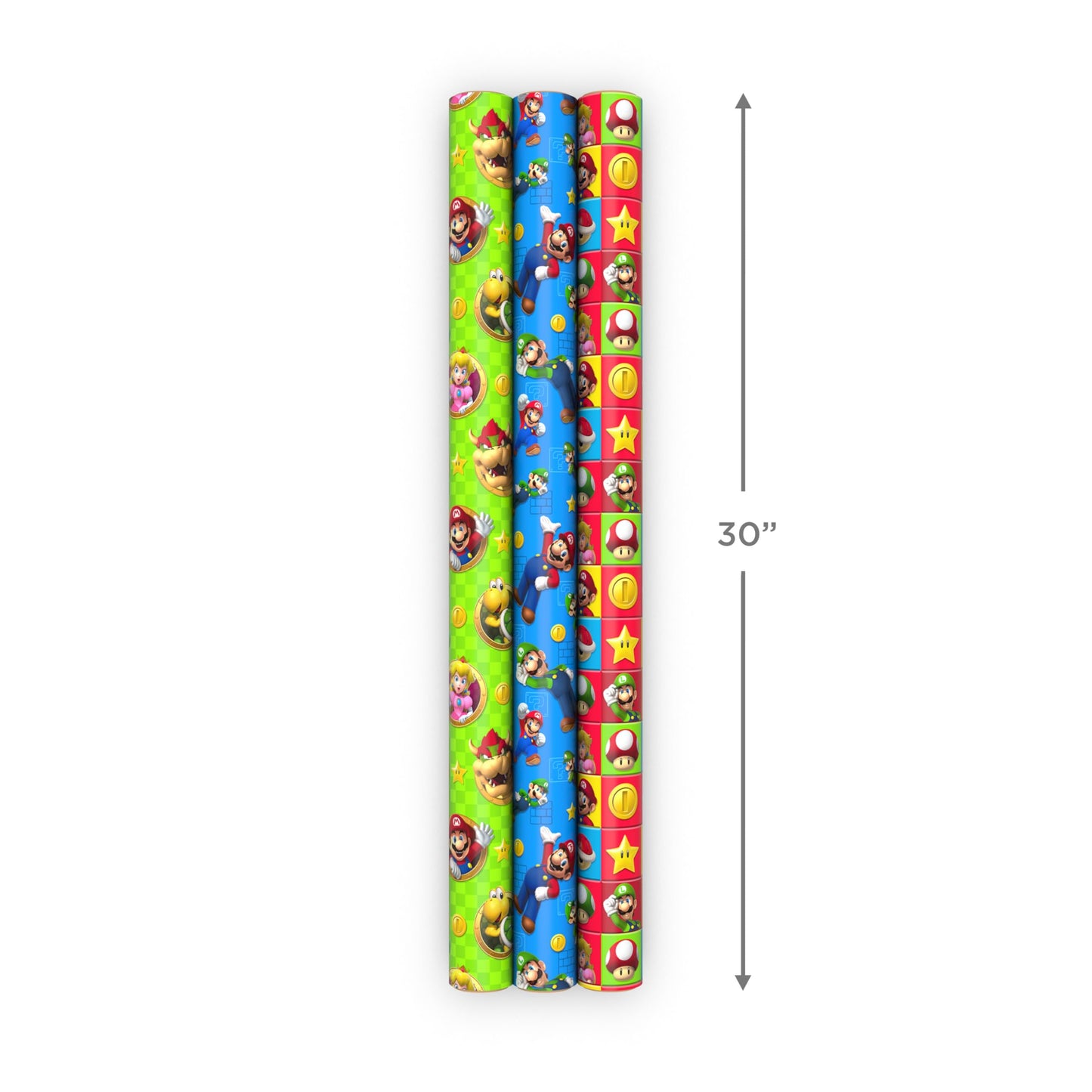 Hallmark Nintendo Super Mario Wrapping Paper Rolls for Kids with Cutlines on Reverse (3 Rolls: 60 Sq. Ft. Total) Mario, Luigi, Yoshi, Bowser, Princess Peach, Toad