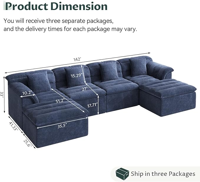 SUNG7 142" Modular Sofa with Ottoman, Boneless Cloud Couch with Deep Seat, Comfy U-Shape Corduroy Couches for Living Room, No Assembly Required, Blue