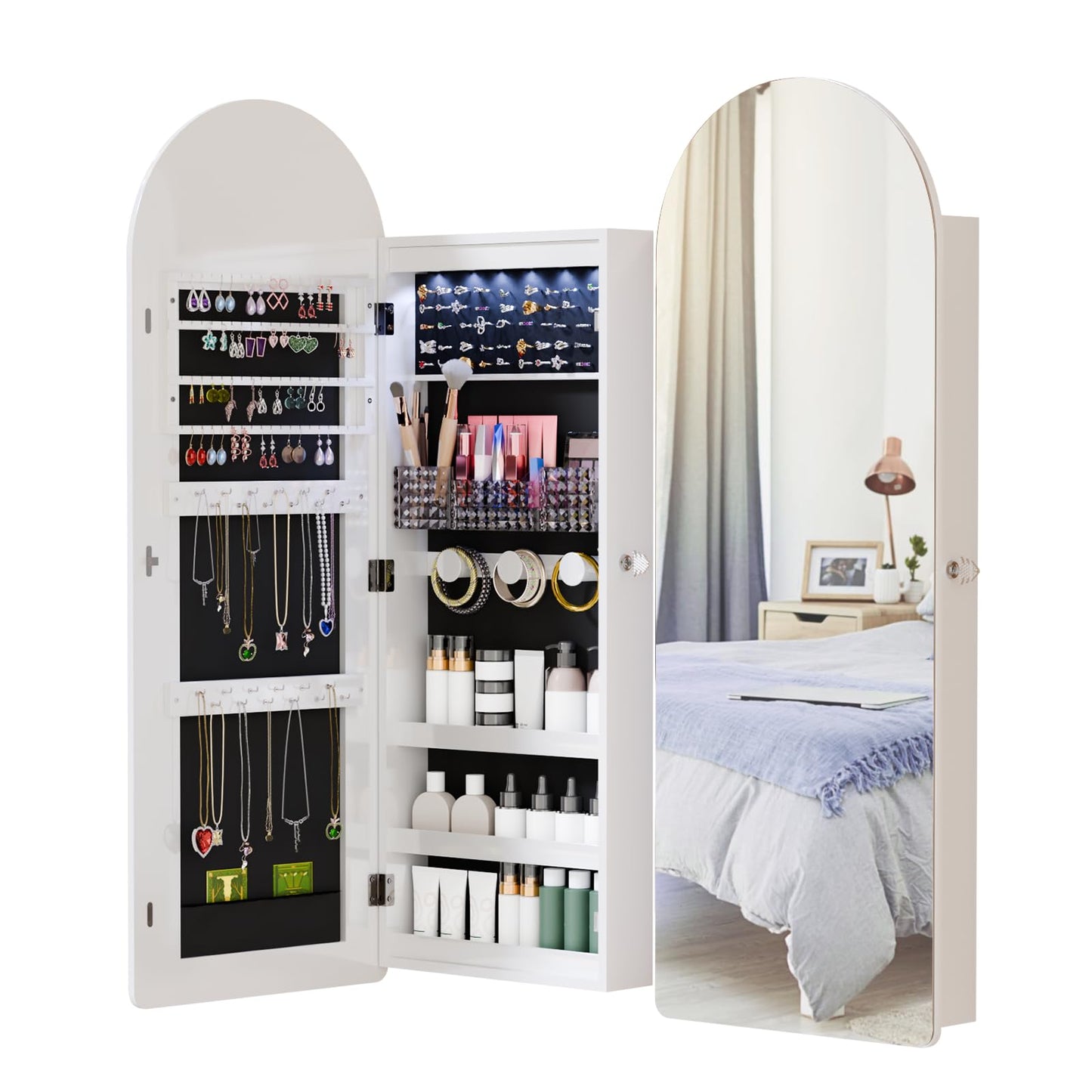 FONTOI LED Mirror Jewelry Cabinet, 42.5” Arched Wall or Door Mounted Jewelry Armoire with Full-Length Mirror & 2 Drawers, Lockable Jewelry Organizer with Ring Slots & Necklace Hooks, White