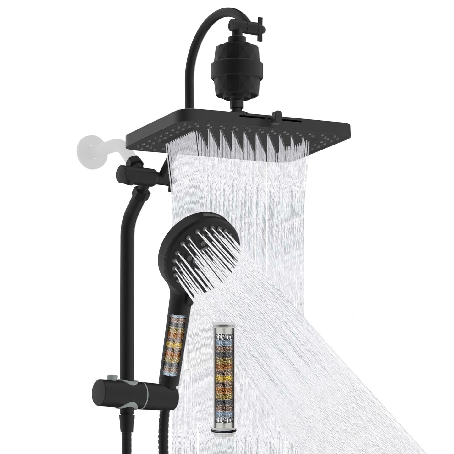 Hibbent 5-spray Filtered Rainfall Shower Head Combo, High Pressure 13'' Showerhead with 10 Spray Modes Handheld, All Metal 3 way Diverter Shower Arm, 71'' Hose and Holder, Matte Black