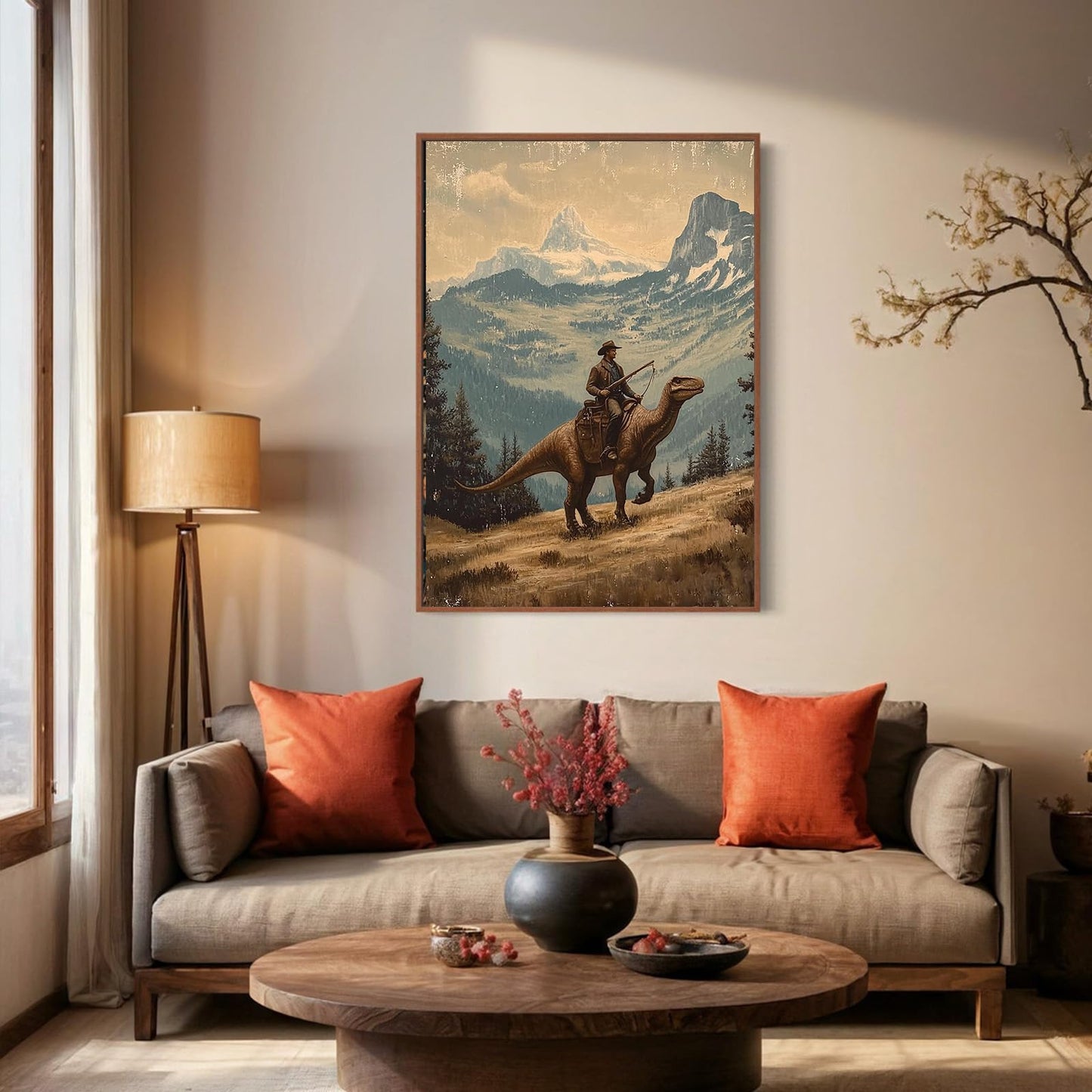 Eeuqiauot Dinosaur Wall Art Vintage Landscape Poster Western Vintage Style Wall Art Cowboy Riding Dinosaur Gothic Art Print Cowboy Vintage Wall Art Mountain Forest Poster Painting 16x24inch Unframed