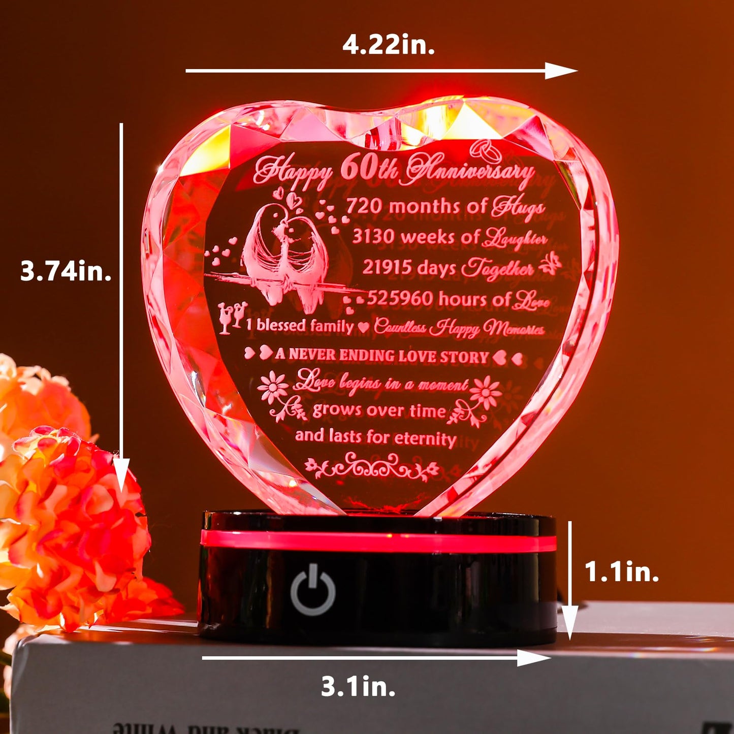 YWHL 60th Wedding Anniversary Crystal Heart Gifts for Parents Couple, Laser Engraved Romantic 60 Year Anniversary Crystal Keepsake Gifts for Wife Husband, 60 Years of Marriage Gifts for Her Him