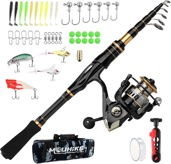 mouhike Carbon Fiber Telescopic Fishing Rod Reel Combo Lightweight Collapsible Spinning Pole Reel Kit Fishing Gear Set Por...